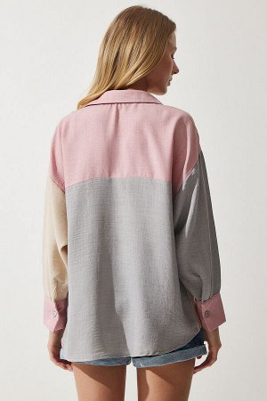 Женская льняная рубашка бежевого и серого цвета TP00030
