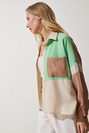 Женская льняная рубашка бежевого и зеленого цвета TP00030