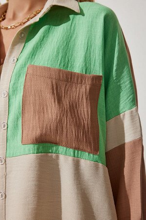 Женская льняная рубашка бежевого и зеленого цвета TP00030