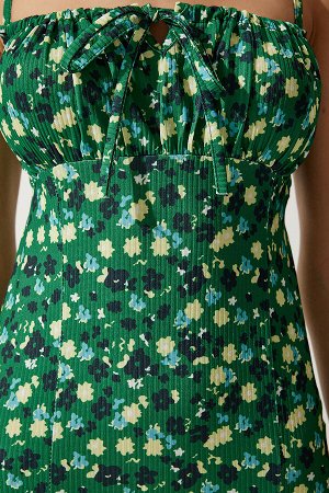 happinessistanbul Женское зелено-желтое летнее трикотажное платье с разрезом и цветочным принтом CI00029