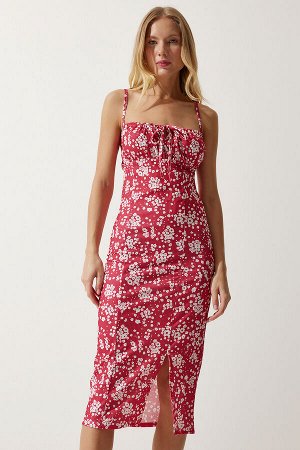 Женское розово-белое летнее трикотажное платье с разрезом и цветочным принтом CI00029