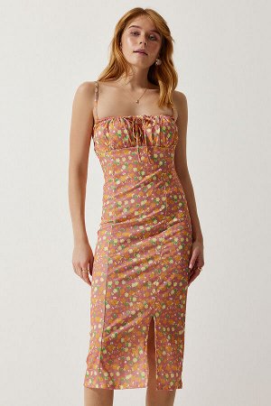 happinessistanbul Женское оранжево-розовое летнее вязаное платье с разрезом и цветочным принтом CI00029