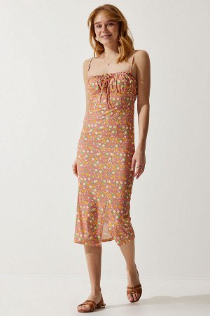 Женское оранжево-розовое летнее вязаное платье с разрезом и цветочным принтом CI00029