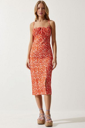 Женское оранжево-белое летнее трикотажное платье с разрезом и цветочным принтом CI00029