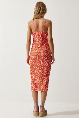 Женское оранжево-белое летнее трикотажное платье с разрезом и цветочным принтом CI00029