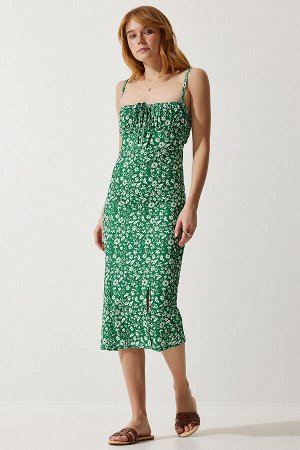Женское ярко-зеленое летнее вязаное платье с разрезом и цветочным принтом CI00029