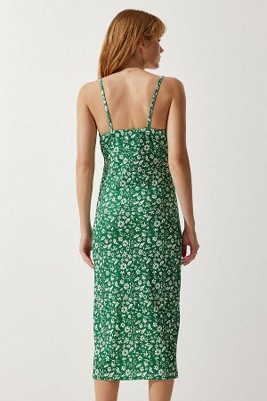 Женское ярко-зеленое летнее вязаное платье с разрезом и цветочным принтом CI00029