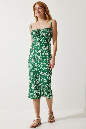 Женское темно-зеленое летнее вязаное платье с разрезом и цветочным принтом CI00029