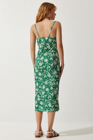 Женское темно-зеленое летнее вязаное платье с разрезом и цветочным принтом CI00029