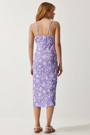Женское сиреневое летнее трикотажное платье с разрезом и цветочным принтом CI00029