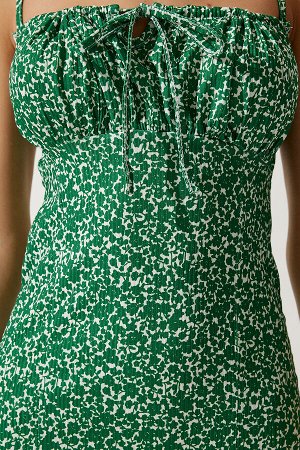 Женское темно-зеленое белое летнее вязаное платье с разрезом и цветочным принтом CI00029