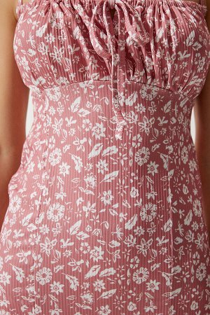 Женское летнее вязаное платье с разрезом и цветочным принтом пыльной розы CI00029