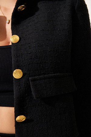 happinessistanbul Женский черный укороченный твидовый пиджак TO00039
