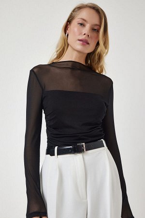 happinessistanbul Женская черная прозрачная шифоновая блузка со сборками UB00234