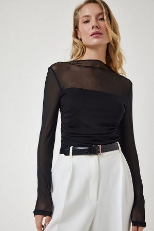 Женская черная прозрачная шифоновая блузка со сборками UB00234