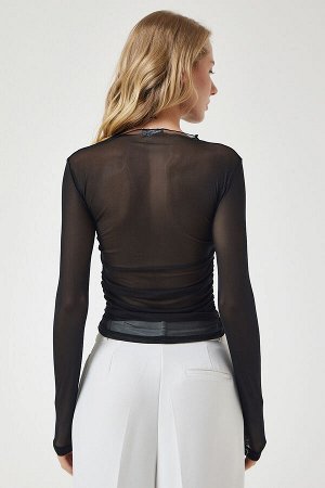 happinessistanbul Женская черная прозрачная шифоновая блузка со сборками UB00234