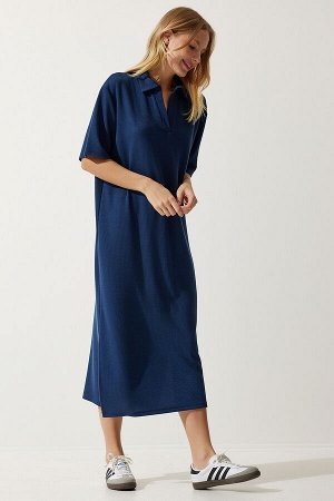 happinessistanbul Женское темно-синее вязаное вельветовое платье с воротником-поло DZ00110