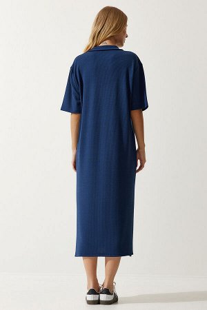 happinessistanbul Женское темно-синее вязаное вельветовое платье с воротником-поло DZ00110