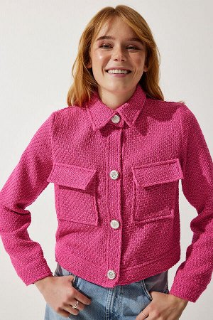 Женский розовый стильный твидовый жакет на пуговицах с карманами WF00063