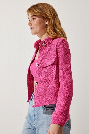 Женский розовый стильный твидовый жакет на пуговицах с карманами WF00063