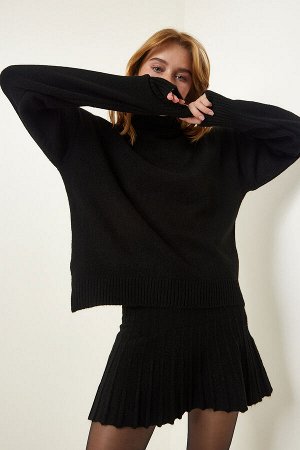 Женская черная водолазка-свитер-юбка трикотажный костюм YY00195