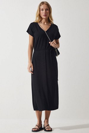 Женское черное вискозное платье с v-образным вырезом и поясом UB00240