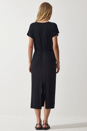 Женское черное вискозное платье с v-образным вырезом и поясом UB00240