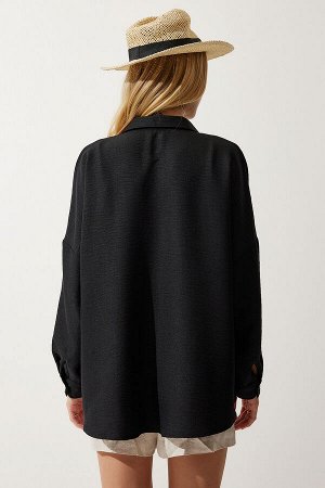 Женская черная льняная рубашка с кружевом TP00018
