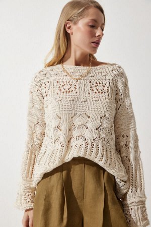 Женский кремовый ажурный сезонный вязаный свитер YU00014