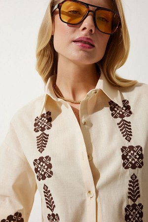 Женская кремовая короткая льняная рубашка с вышивкой RG00009