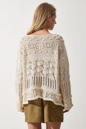 Женский кремовый ажурный сезонный вязаный свитер YU00014