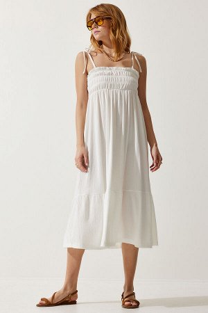 Женское белое летнее трикотажное платье на бретельках UB00250