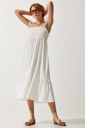 Женское белое летнее трикотажное платье на бретельках UB00250