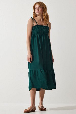 Женское изумрудно-зеленое летнее трикотажное платье с бретельками UB00250