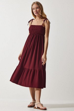 Женское бордовое красное летнее трикотажное платье с бретельками UB00250