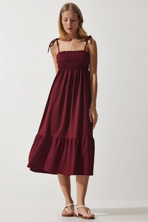 Женское бордовое красное летнее трикотажное платье с бретельками UB00250
