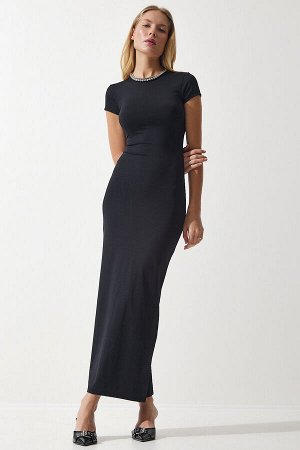 Черное женское трикотажное платье с круглым вырезом Saran Sandy UB00239