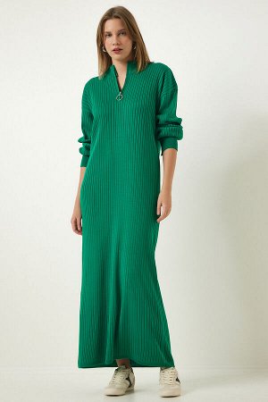 Женское зеленое длинное трикотажное платье в рубчик с воротником-молнией DD01295