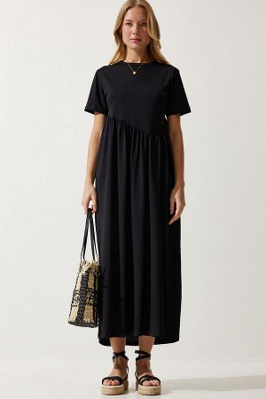 Женское черное длинное трикотажное платье со сборками MC00272