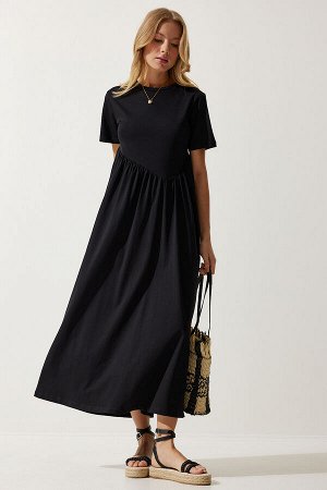 happinessistanbul Женское черное длинное трикотажное платье со сборками MC00272