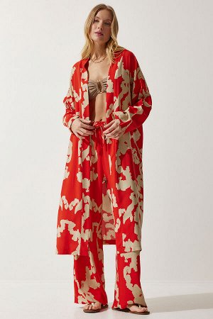 Женское оранжево-бежевое кимоно-палаццо с узором из вискозы, комплект брюк CI00086