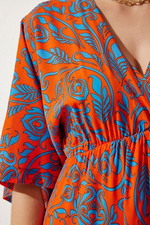 Женское оранжево-синее летнее платье из вискозы с запахом и воротником DK00166