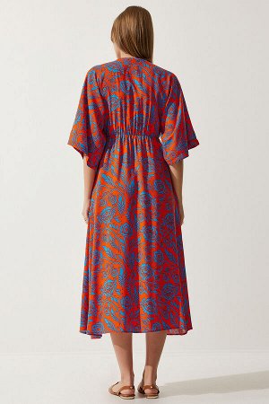 Женское оранжево-синее летнее платье из вискозы с запахом и воротником DK00166
