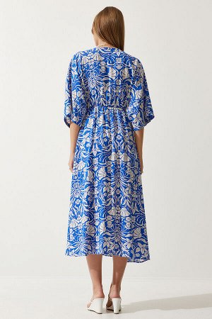 Женское летнее вискозное платье сине-белого цвета с запахом и воротником с рисунком DK00166