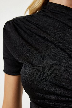 Женская черная блузка из вискозы со сборками FF00156
