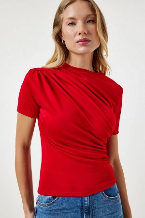 Женская красная блузка из вискозы со сборками FF00156