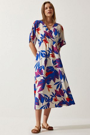 Женское трикотажное платье цвета экрю синего цвета с запахом и воротником DK00167