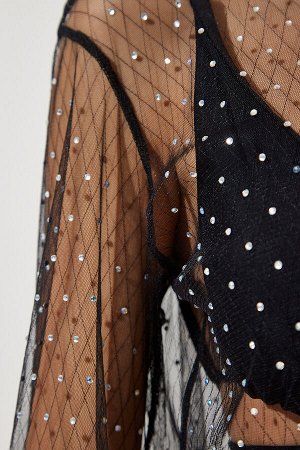 Женская черная прозрачная трикотажная блузка с камнями TP00033