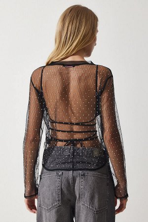 Женская черная прозрачная трикотажная блузка с камнями TP00033
