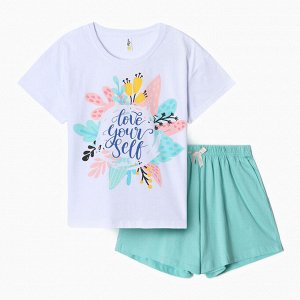 Комплект женский домашний (футболка,шорты), цвет мятный с цветком
